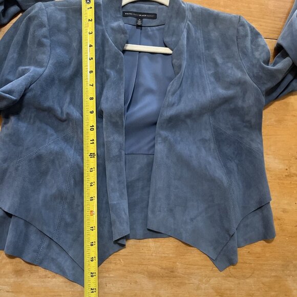 White House Black Market Open Drape Front dusty Blue Genuine Suede Jacket Sz S - Picture 7 of 10